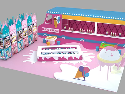 Colorful Ice Cream Truck With Stalls Cones And Melted Cream On Pink Background 3d model