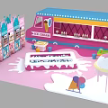 Colorful Ice Cream Truck With Stalls Cones And Melted Cream On Pink Background
