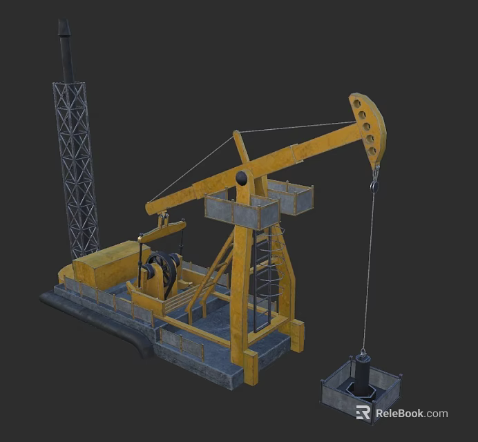 Yellow Oil Pump Jack With Metal Tower And Industrial Energy Extraction Machinery 3d model 