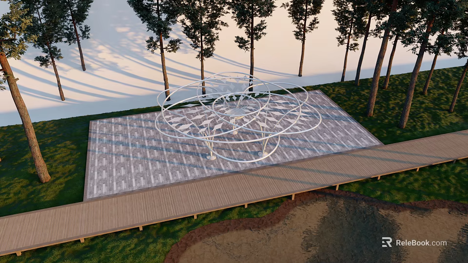 White Metal Pergola with Stone Paved Floor and Wooden Deck Surrounded by Trees and Grass 3d model 