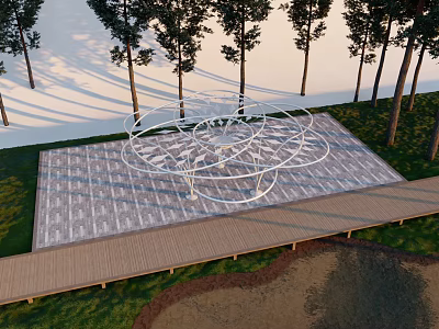 White Metal Pergola with Stone Paved Floor and Wooden Deck Surrounded by Trees and Grass 3d model