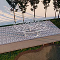 White Metal Pergola with Stone Paved Floor and Wooden Deck Surrounded by Trees and Grass
