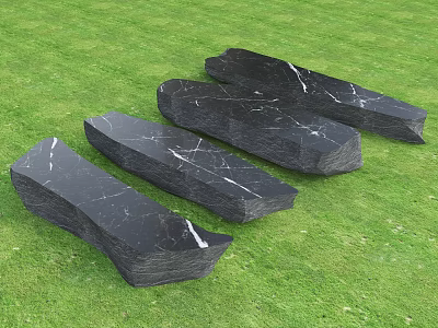 Several Natural Black Stone Slabs Placed On Lush Green Grass Ground 3d model
