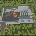 Industrial Factory Complex With Multiple Buildings Orange Crane Greenery And Roads