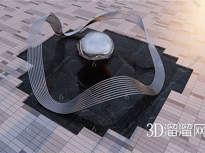 Modern Landscape Sculpture With Curved Metal Structure And Spherical Center On Tile Floor 3d model