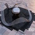 Modern Landscape Sculpture With Curved Metal Structure And Spherical Center On Tile Floor