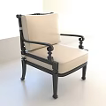 Classic Elegant Armchair With Black Wooden Frame And Beige Cushion With Carved Legs