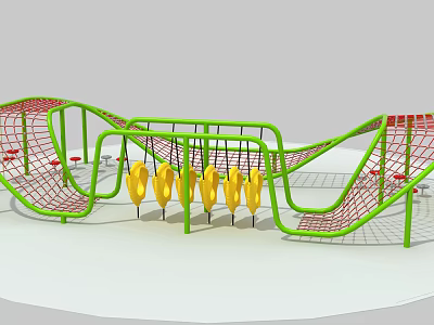 Outdoor Playground Equipment With Green Frame Red Climbing Net And Yellow Hanging Rings 3d model