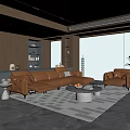 Modern Living Room Interior With Brown Leather Sofa Coffee Table And Floor to Ceiling Windows