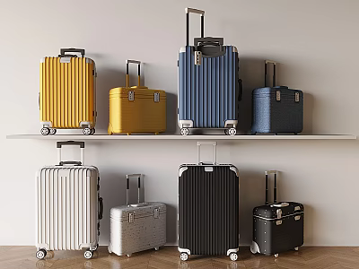 Various Colored Suitcases In Different Sizes Placed On Shelves And Floor 3d model