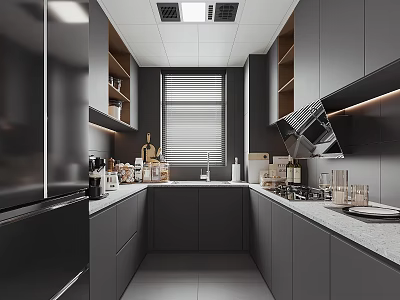 Modern Kitchen Interior With Dark Gray Cabinets Marble Countertop Window Blinds And Appliances 3d model