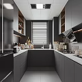Modern Kitchen Interior With Dark Gray Cabinets Marble Countertop Window Blinds And Appliances