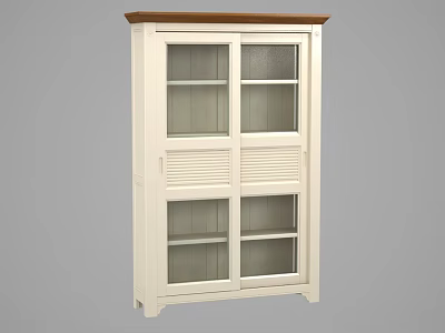 White Wardrobe With Glass Doors Wooden Top And Louvered Shelves Design 3d model