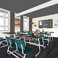School Classroom Interior With Desks Chairs Windows Blackboard Green Plant And Colorful Storage