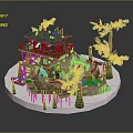 Cartoon Scene With Small Red Cottage Trees Green Lawn Ladder And Decorative Platform Chairs