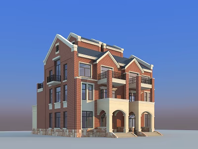 Semi detached Villa Exterior With Red Brick Walls Multiple Windows And Arched Porch 3d model