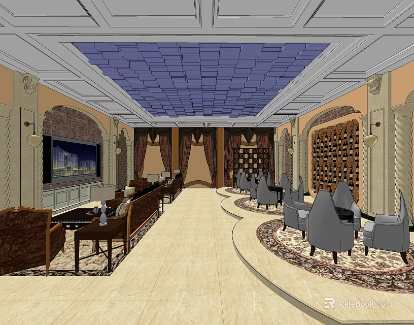 Elegant Hotel Lobby Interior With Blue Ceiling Decorative Walls And Seating Areas 3d model 