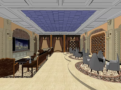Elegant Hotel Lobby Interior With Blue Ceiling Decorative Walls And Seating Areas 3d model