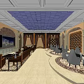 Elegant Hotel Lobby Interior With Blue Ceiling Decorative Walls And Seating Areas