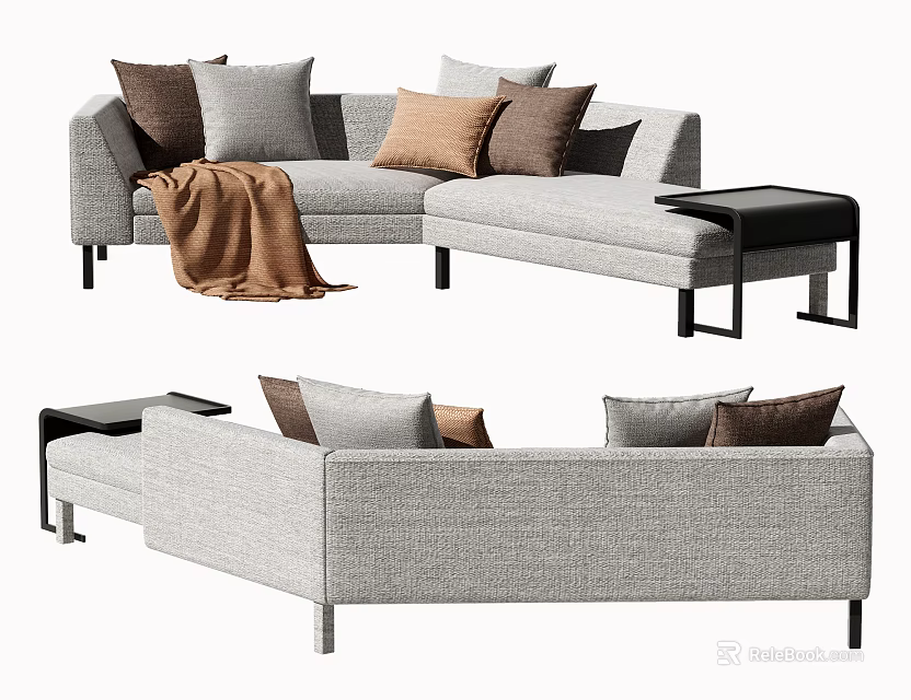 Stylish Gray Sectional Sofa With Plush Brown Beige Cushions And Cozy Blanket 3d model