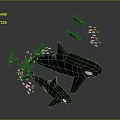 Two Black Orcas Swimming With Drones And Blue Lights In Dark Background 3d model