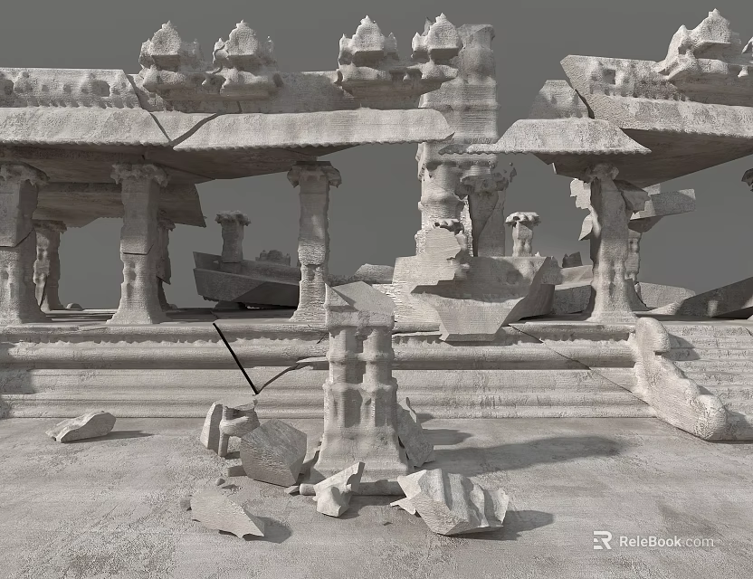 Ancient Architecture Ruins With Broken Stone Pillars Stone Carvings Damaged Structures And Scattered Stone Blocks 3d model 