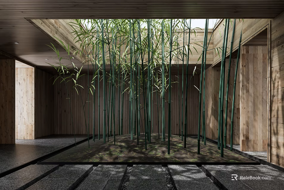 Tall Green Bamboo Indoor Space With Wooden Walls And Roof Structure 3d model 