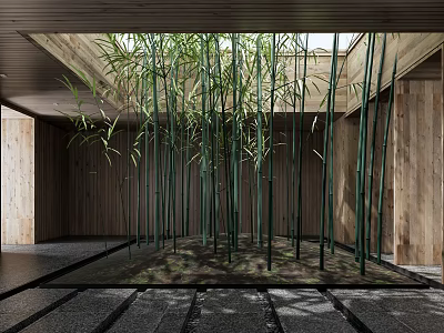 Tall Green Bamboo Indoor Space With Wooden Walls And Roof Structure 3d model