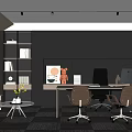 Modern Open Office Interior With Grey Cabinets Desk Two Brown Chairs Sofa Greenery Lighting Strips 3d model