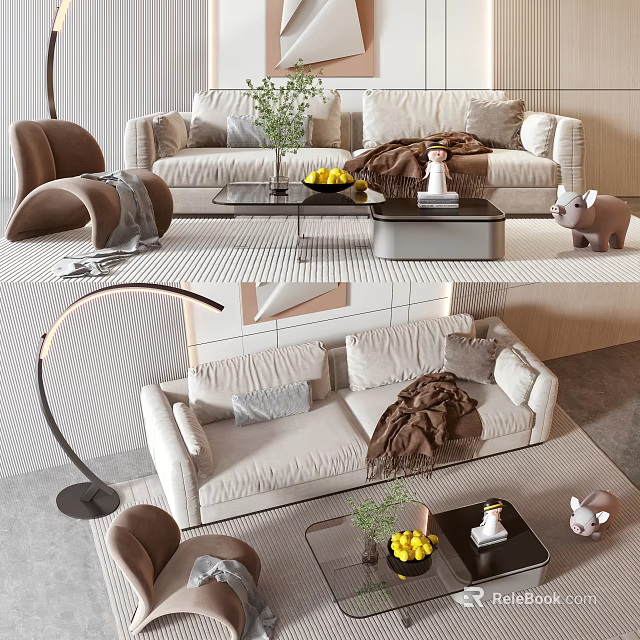 Luxury Modern Sofa and Coffee Table Set With Throw Pillows Fruit Bowl And Floor Lamp 3d model 