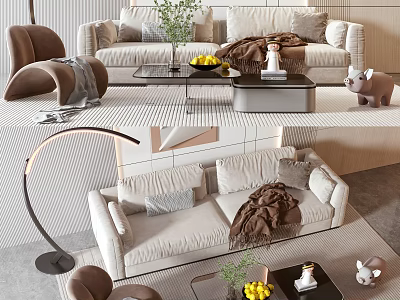 Luxury Modern Sofa and Coffee Table Set With Throw Pillows Fruit Bowl And Floor Lamp 3d model