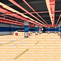 Shopping Mall Store Entrance With Glass Doors Colorful Ads Wooden Ceiling And Striped Floor