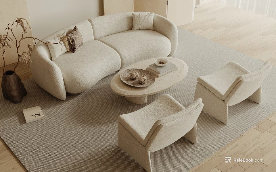 Modern Beige Curved Sofa and Round Coffee Table Set With Accent Chairs and Area Rug 3d model 