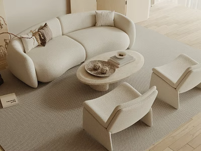 Modern Beige Curved Sofa and Round Coffee Table Set With Accent Chairs and Area Rug 3d model