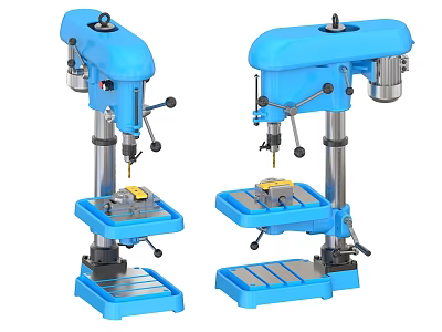 Two Blue Industrial Drill Press Machines With Worktable And Stable Base 3d model