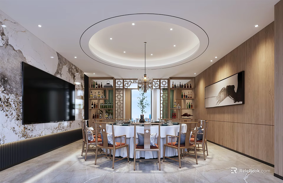 Modern Chinese Private Room With Round Table Pendant Light Wine Cabinet TV Wooden Marble Walls 3d model 