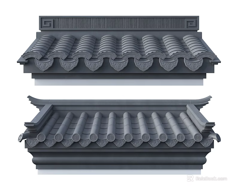 Traditional Chinese Architectural Roof Components With Curved Tiles And Decorative Eaves 3d model 