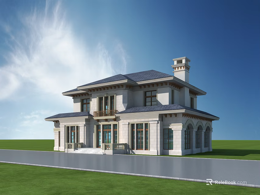 Classic Two Story Detached Villa With White Exterior Dark Roof And Green Lawn 3d model 