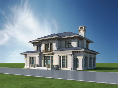 Classic Two Story Detached Villa With White Exterior Dark Roof And Green Lawn 3d model