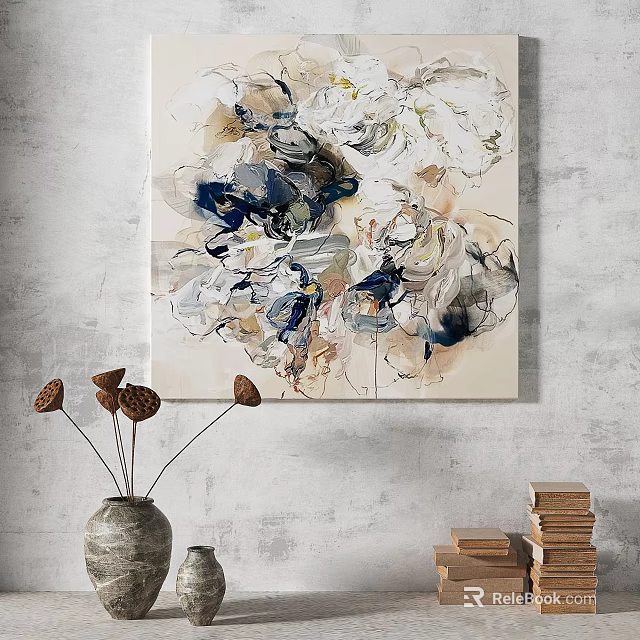 Modern Abstract Painting With Blue Gray White Strokes On Wall And Vase With Dried Flowers 3d model 