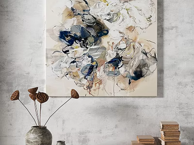 Modern Abstract Painting With Blue Gray White Strokes On Wall And Vase With Dried Flowers 3d model