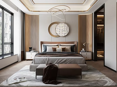 Modern Bedroom Interior Design With Round Decorative Piece Chandelier And Bedside Tables 3d model