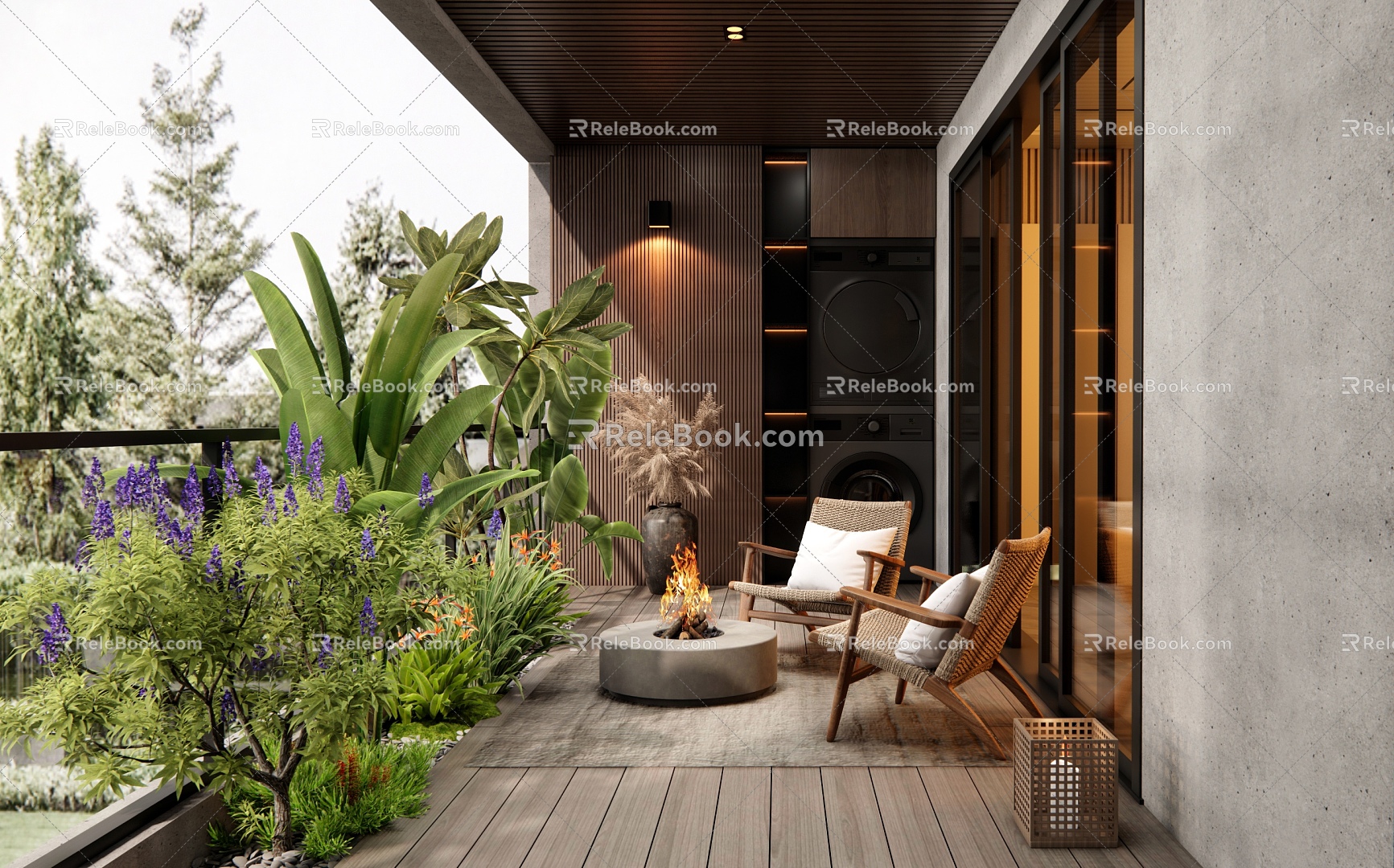 Modern Home Balcony Outdoor Chair Flowers and Plants Flower Border Plants Reed Vase Landscape Sketch Rattan Leisure Chair Washing Machine Dryer 3d model