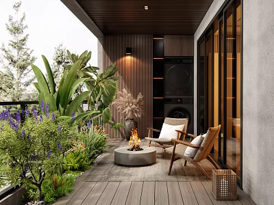 Lush Tropical Home Balcony With Wooden Deck Outdoor Chairs Green Plants And Fire Pit 3d model