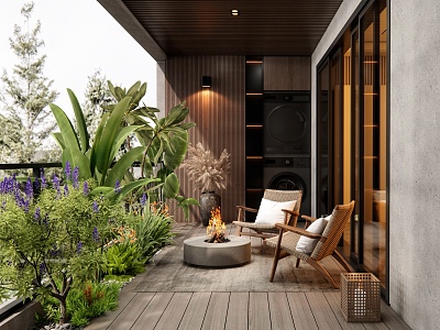 Modern Home Balcony Outdoor Chair Flowers and Plants Flower Border Plants Reed Vase Landscape Sketch Rattan Leisure Chair Washing Machine Dryer 3d model