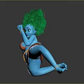 Blue Skinned Game Movie Character With Green Curly Hair Orange Skirt And Golden Bracelets