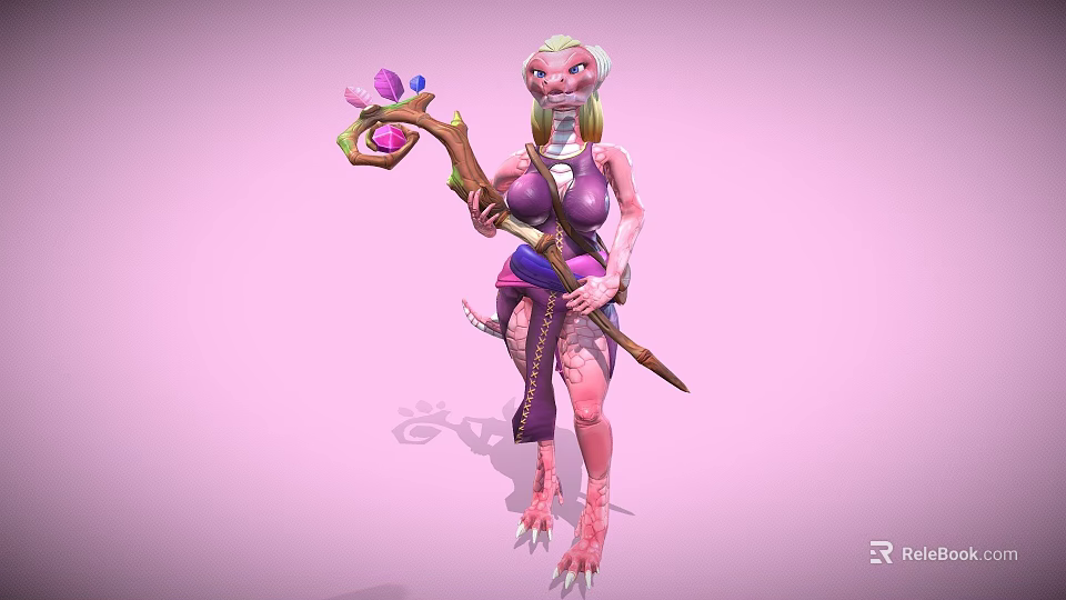 Fantasy Game Character With Pink Skin Purple Outfit And Magical Staff 3d model 