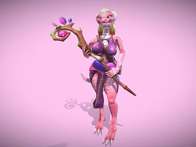 Fantasy Game Character With Pink Skin Purple Outfit And Magical Staff 3d model