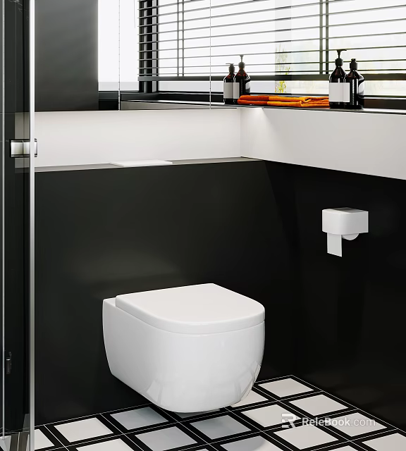Modern Bathroom Interior With White Toilet Black Walls And Wall Mounted Accessories 3d model 
