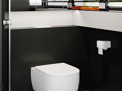 Modern Bathroom Interior With White Toilet Black Walls And Wall Mounted Accessories 3d model
